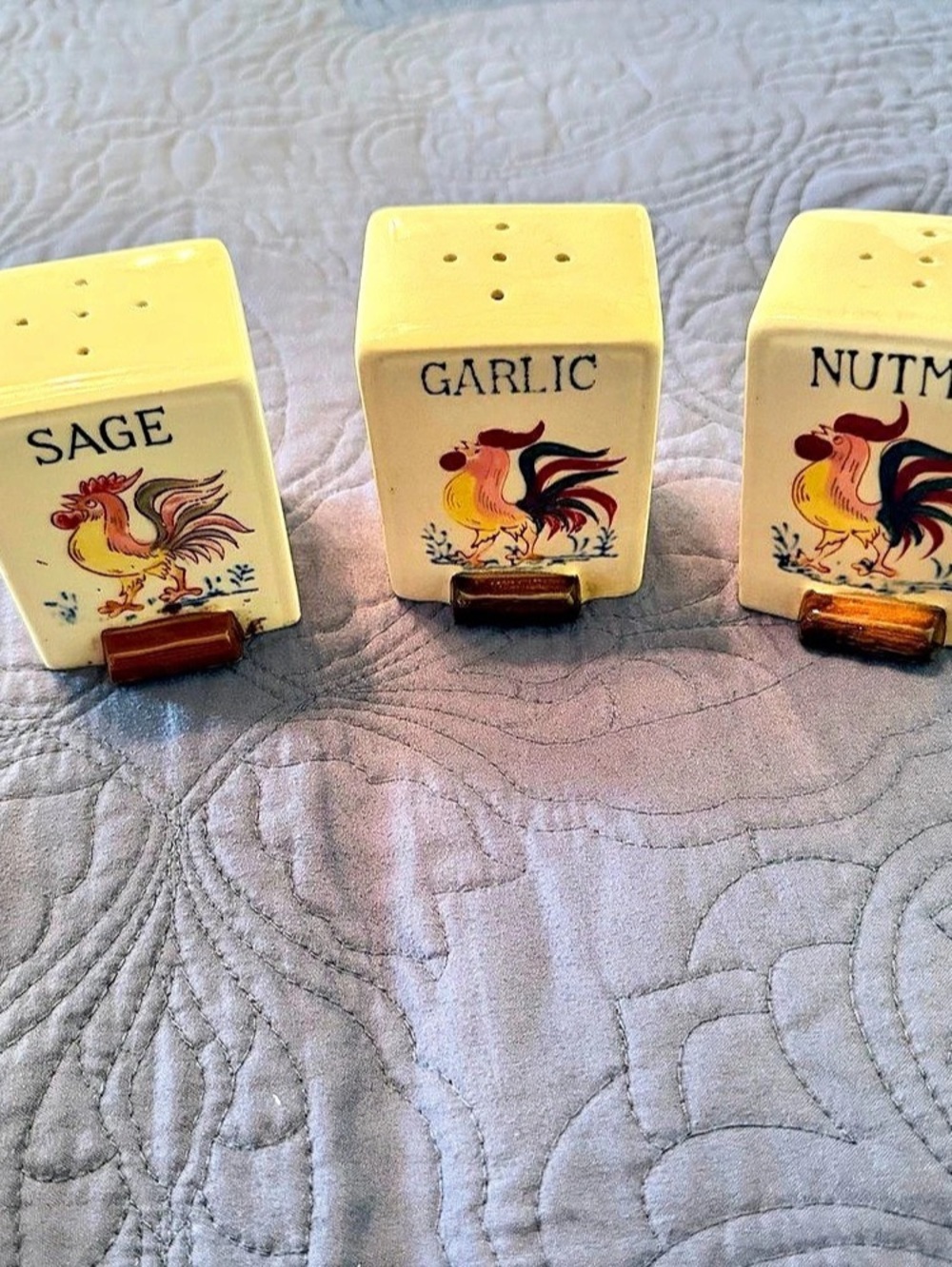 Vintage 1950’s ceramic rooster spice shakers .